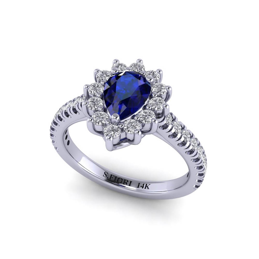 14K White Gold Blue Sapphire Pear Cut Ring 1.28CTW