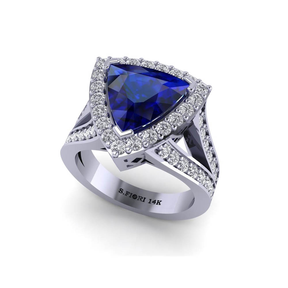 14K White Gold Blue Sapphire Trilliant Cut Ring 3.58CTW