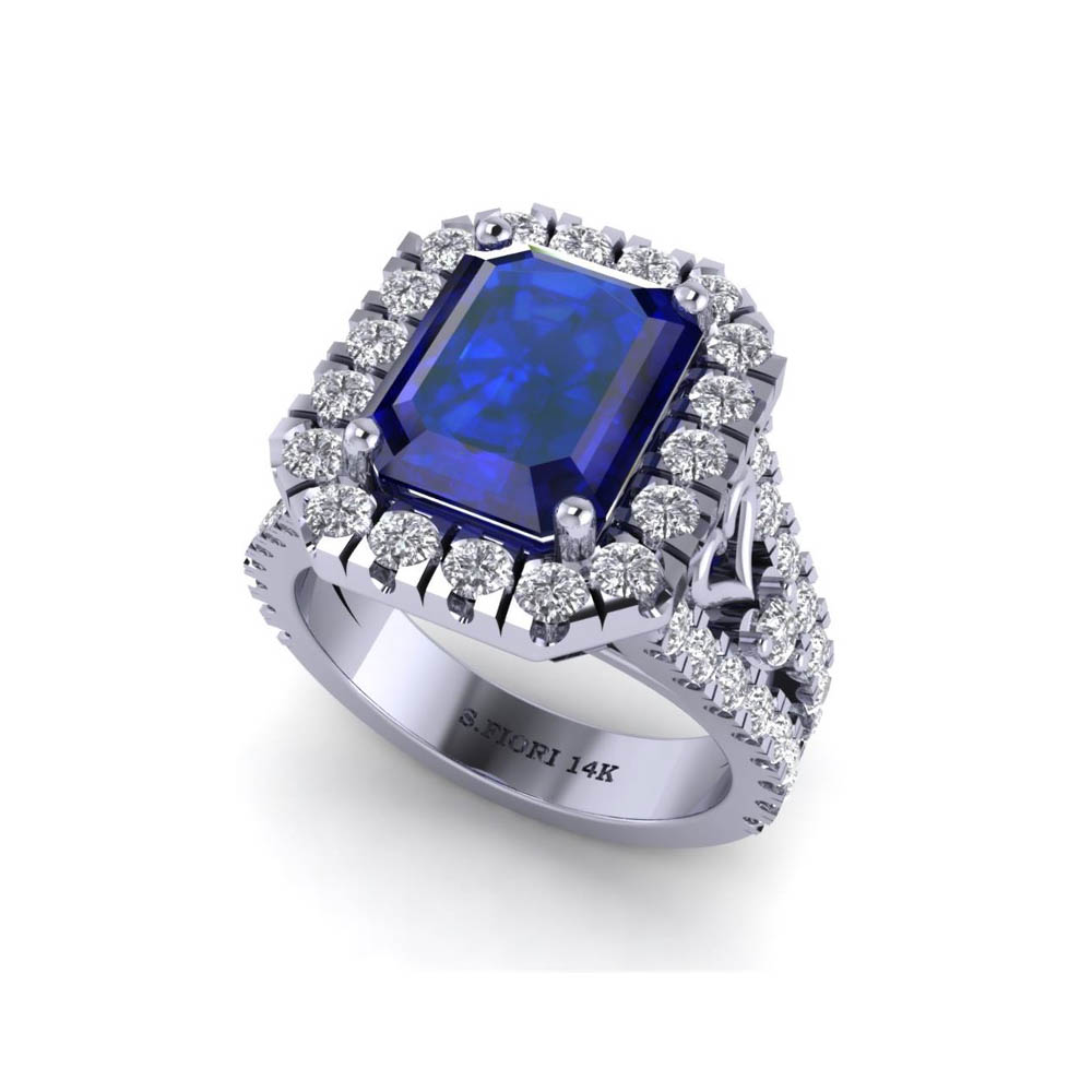 14K White Gold Blue Sapphire Emerald Cut Ring 4.42CTW