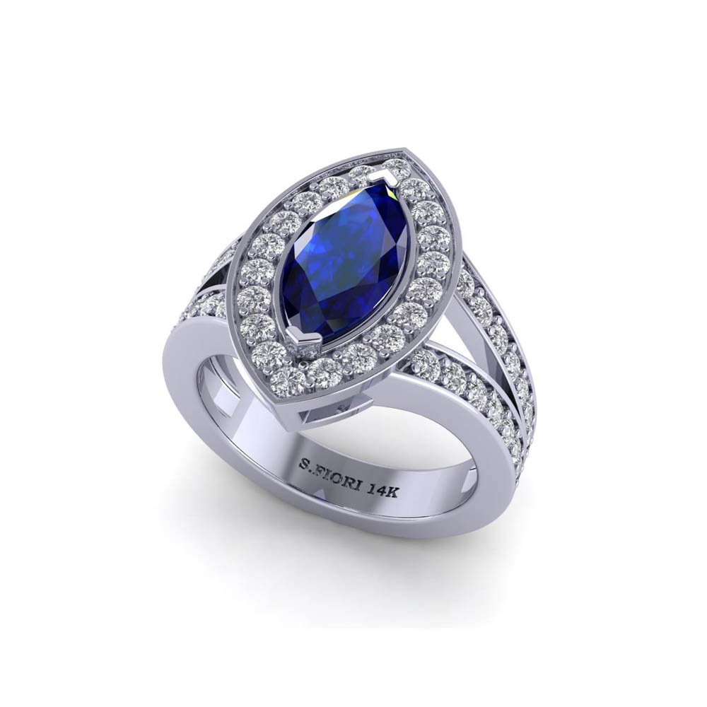 14K White Gold Blue Sapphire Marquise Cut Ring 1.87CTW