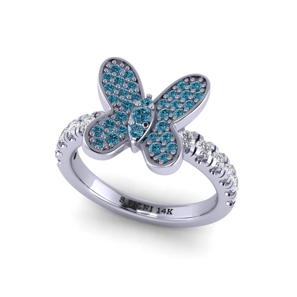 14K White Gold Blue Natural Diamond Round Cut Ring 0.60CTW