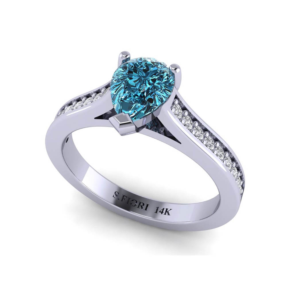 14K White Gold Blue Natural Diamond Pear Cut Rings 0.94CTW