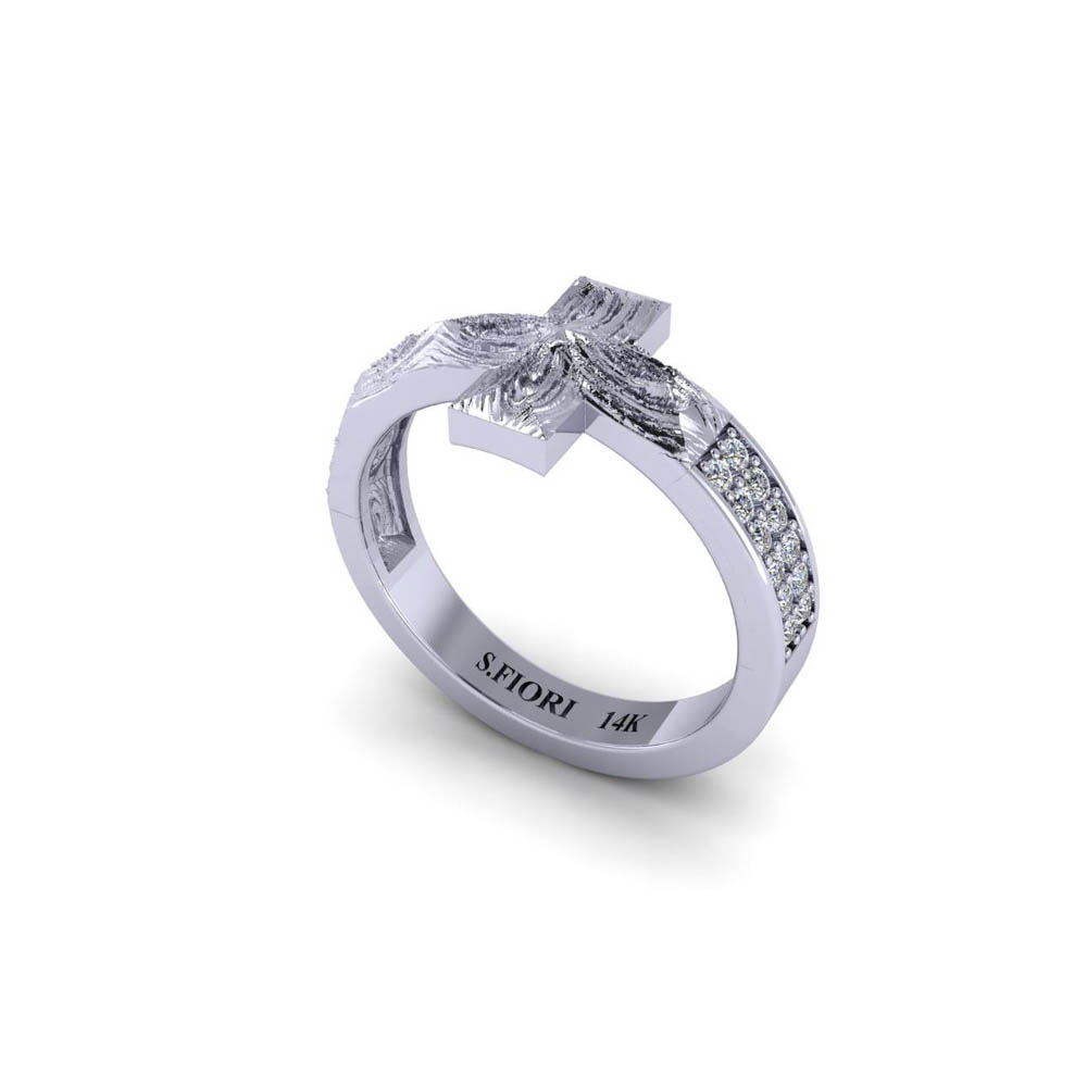 14K White Gold oG Collection Round Cut Chantal Cross Ring 0.10CTW