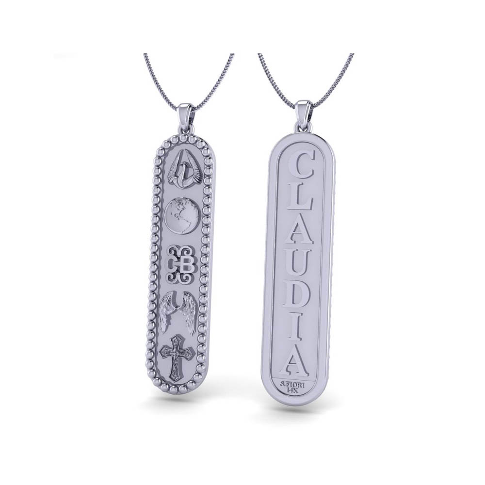 55mm oG Christian Collection 14K White Gold Pendant Featuring Beaded with Crown Symbols and on Reverse side Name.